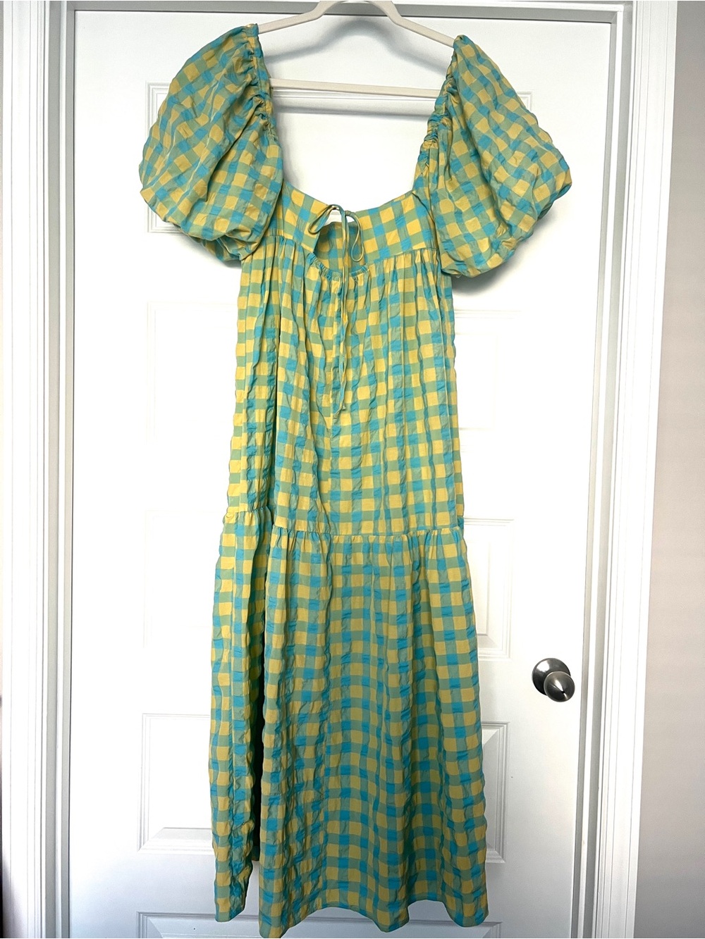 Zara Yellow & Teal Gingham Puff-Sleeve Maxi Dress - Picture 8 of 11